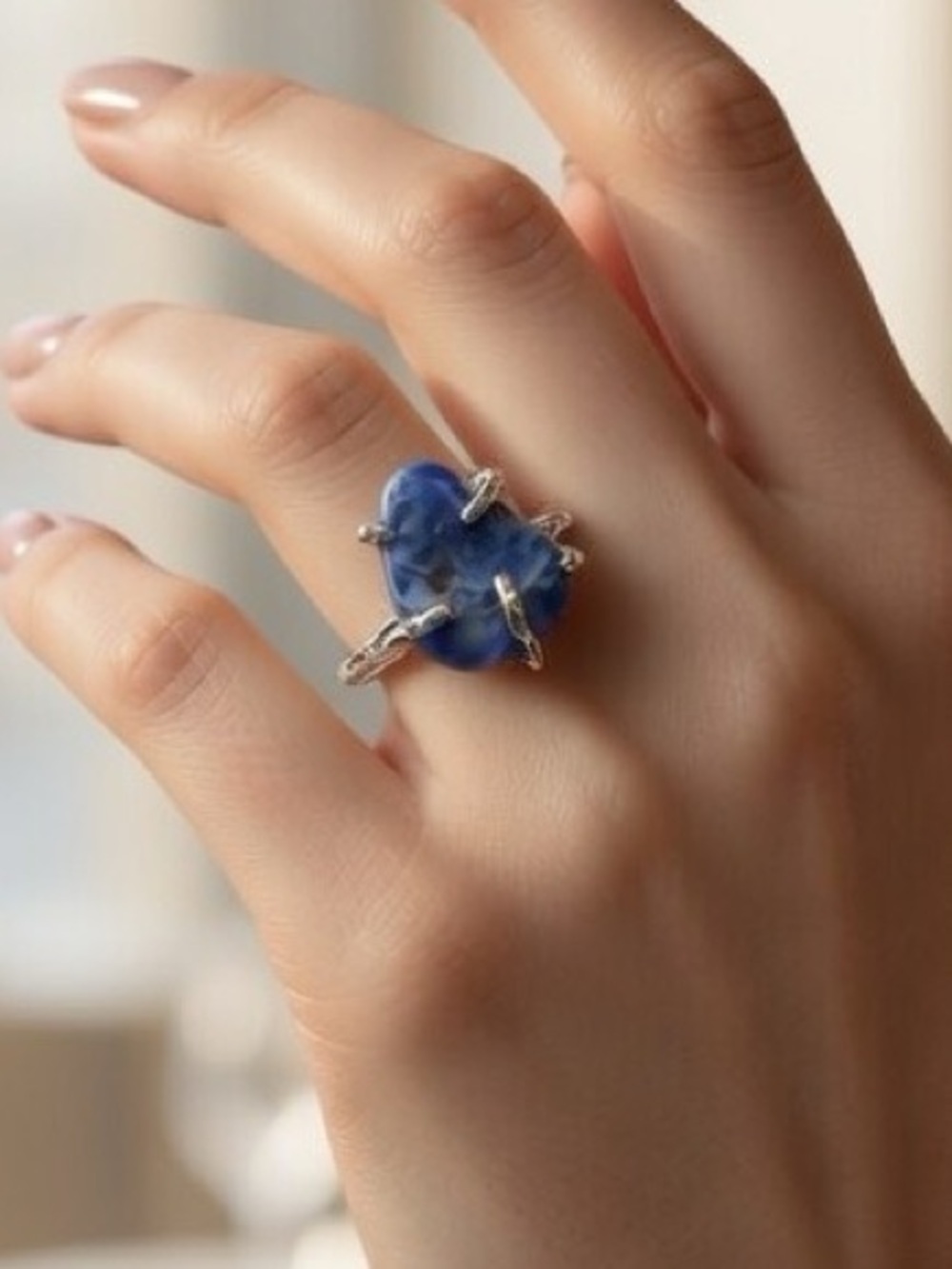 925 Sterling Silver Pear Shaped Sodalite Filigree Band Adjustable Ring